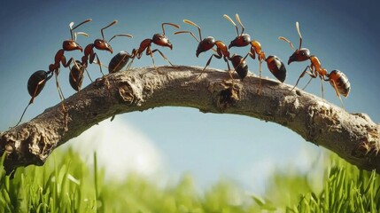 A group of ants building a bridge over a stick, showcasing teamwork and resilience in nature.