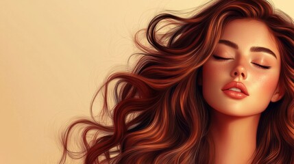 Stylish woman with thick, voluminous hair and natural beauty, isolated on a warm, light background