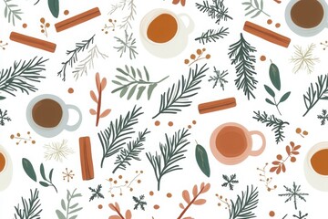 Cozy winter pattern with cups of coffee, pine branches, cinnamon sticks, and festive greenery on a white background. Suitable for seasonal decor, wrapping, and holiday design