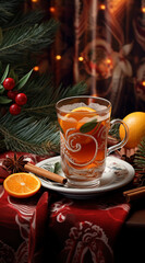 Christmas still life with tea with lemon.