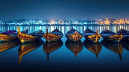 Tranquil Night View of Colorful Wooden Boats