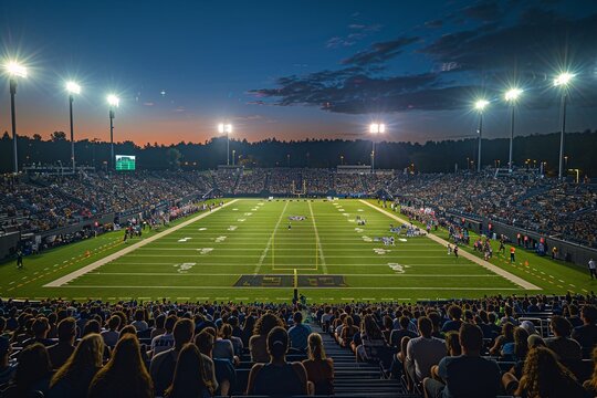 A crowded stadium buzzes with excitement as two high school football teams compete under the floodlights at dusk, with fans cheering, creating a vibrant atmosphere