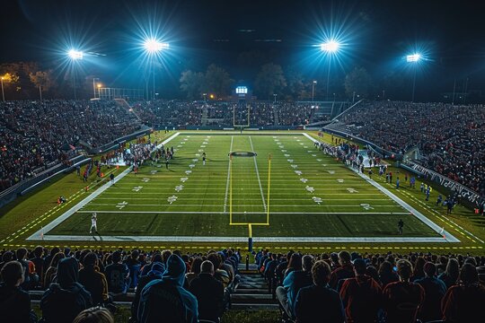 A thrilling high school football game takes place at night, filled with enthusiastic fans cheering on their teams under bright stadium lights