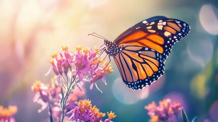 Fototapeta premium A vibrant butterfly perched on a blooming flower, showcasing the beauty of nature in soft, dreamy light.