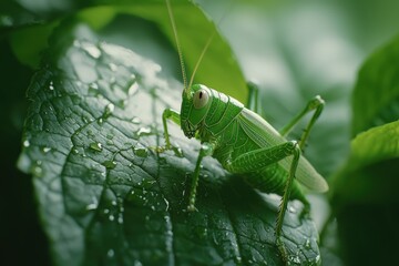 Fototapeta premium A vibrant green grasshopper perched on a leaf, showcasing the beauty of nature with glistening water droplets.