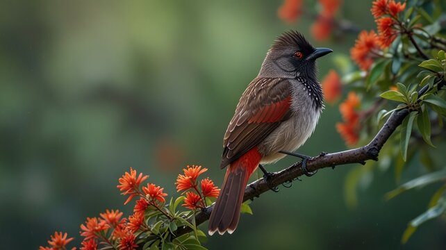a Red-vented Bulbul perched on a branch adorned with vibrant red flowers. The bird's distinctive crest, beady black eyes, and striking red vent are clearly visible.