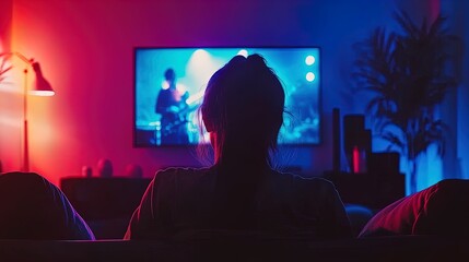 Experience the Thrill: Individual Enjoying a Live Concert Stream in a Stylish Living Space &ndash; Perfect as a Poster for Modern Home or Sports Bar Decor!