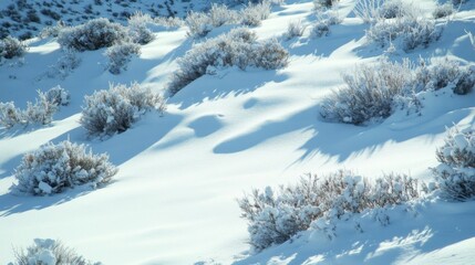 Snow-Covered Hillside with Small Shrubs Poking Through