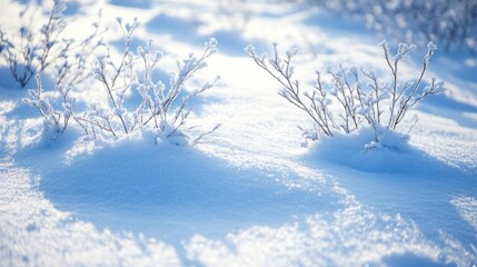 Snow-Covered Hillside with Small Shrubs Poking Through