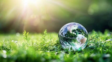 Eco-Friendly Globe on Green Grass with Sunlight