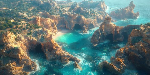 Aerial view of dramatic coastal cliffs and turquoise waves crashing against rugged rock formations, creating a breathtaking natural landscape full of vibrant colors.