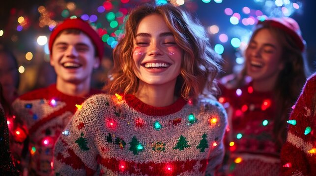friends at a holiday party compete in an ugly sweater contest, showcasing unique designs with blinking lights, holiday patterns, and festive decorations