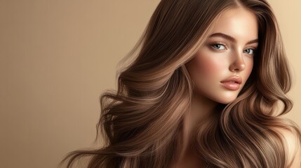 Naklejka premium Woman with long, voluminous waves looking into the distance on a soft, neutral backdrop