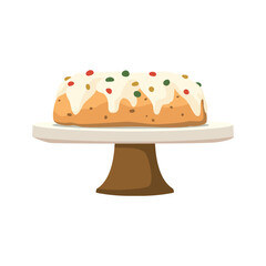 Vector illustration of Christmas cake frosted with berries in cartoon style. Traditional sweet bread. Colorful cartoon style illustration for logo and label.