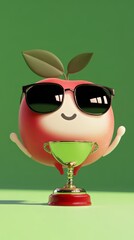 Fototapeta premium cute chibbi 3d blender apple character wearing gangster meme sunglasses holding a champion trophy 