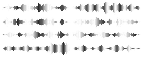 Sound wave or voice message waveform. Podcast, media record, radio signal. Decibel audio record icon isolated on white background. Equalizer line