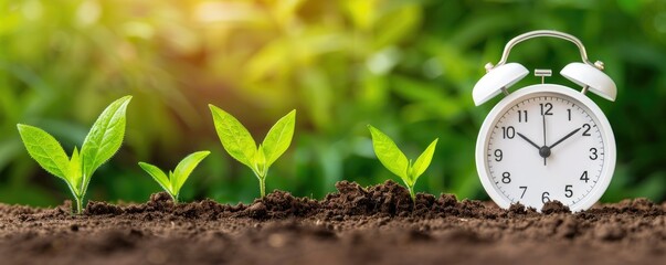 Time for Growth - Alarm Clock and Seedlings.