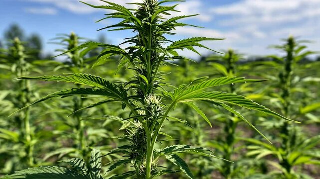 A close-up view of a hemp plant in a field on a sunny day