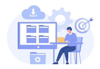 File management administration, cloud system, storage, data filing concept, folder, gallery, records, database, flat illustration vector template