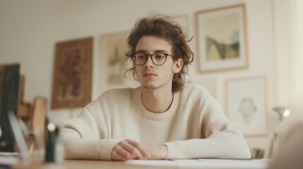 A young man with glasses sitting at a desk in a cozy, artistic room, appearing contemplative and focused on work during the afternoon.