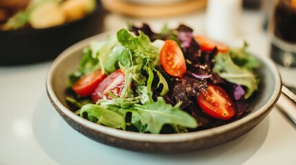 A close-up shot of an organic salad on a ceramic plate,