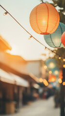 Obraz premium Colorful paper lanterns hang gracefully over a street, illuminated by soft evening light, creating a warm and inviting atmosphere