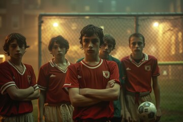 Five young football players in red jerseys stand confidently on a foggy field at night, under soft, warm lighting, ready for a match.
