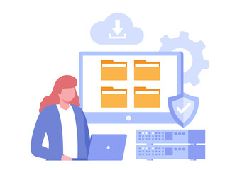 File management administration, cloud system, storage, data filing concept, folder, gallery, records, database, flat illustration vector template