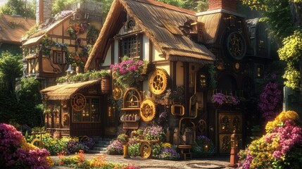 Naklejka premium A colorful steampunk house with a thatched roof