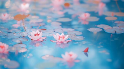 Water lilies on pond, soft blue water with abstract pink water lilies floating