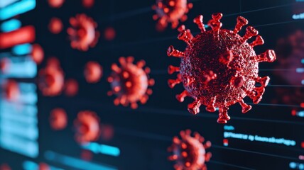 A close-up representation of the COVID-19 virus with intricate details and digital elements highlighting scientific data and information.