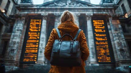 A visitor stands with their back to the camera, observing illuminated columns of a historic building that blend tradition with modern technology. The atmosphere is intriguing and vibrant.