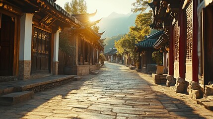 Obraz premium Serene Pathway in Traditional Neighborhood at Sunrise
