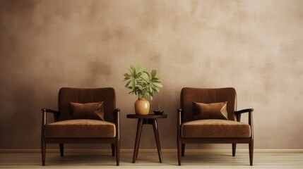 interior design concept  two armchair with brown upholstery coffee table with wooden surface on beige wall background 