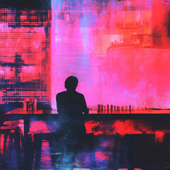 Step into a neon cyberpunk bar where digital decay meets glitchy textures, creating an immersive atmosphere of futuristic nightlife.