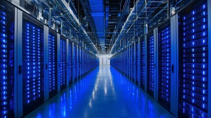 Blue lit data center, rows of servers, futuristic technology, expansive corridor, high-security environment, digital hub.