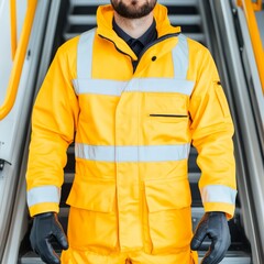 A person in a bright yellow safety jacket stands on stairs.