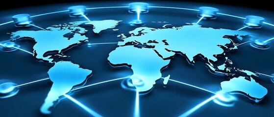 Global Network Connectivity Visualization, digital map with glowing lines and nodes indicating communication links