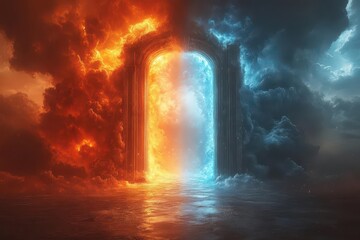 Obraz premium contrasting imagery of heaven and hell gates symbolizing the choices between good and evil light and darkness with ethereal and fiery elements making a powerful visual statement