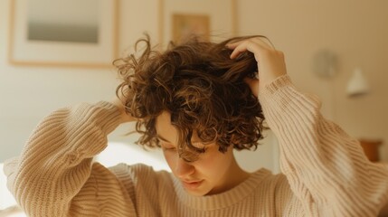 Fototapeta premium A person confidently removing their wig in a private moment, with a calm, serene bedroom environment softly visible behind