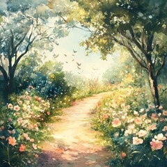 Obraz premium A serene garden path bordered by vibrant flowers and lush greenery.