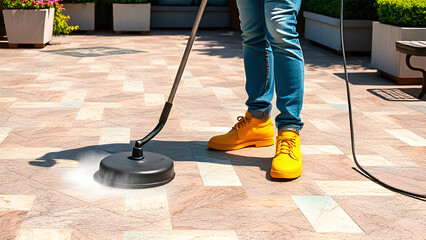 Fototapeta premium the process of cleaning the surface with a high-pressure washer. In the foreground, a nozzle is visible, from which water comes out under high pressure, cleaning the tiles on the floor.