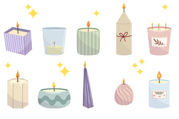 Candle illustration set with flame, cozy decor, perfect for wellness, relaxation, spa, meditation, holiday, warmth, spirituality, and celebration themes. Modern colors, vector isolated on white