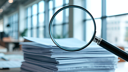 a stack of papers lying on a desk in an office setting. In the foreground is a magnifying glass that magnifies part of the stack of papers