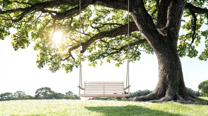 Obraz premium A swing hanging from a large tree in a serene outdoor setting, surrounded by grass.