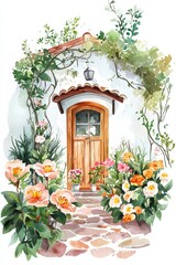 Fototapeta premium Charming entrance with wooden door, vibrant flowers, and greenery.