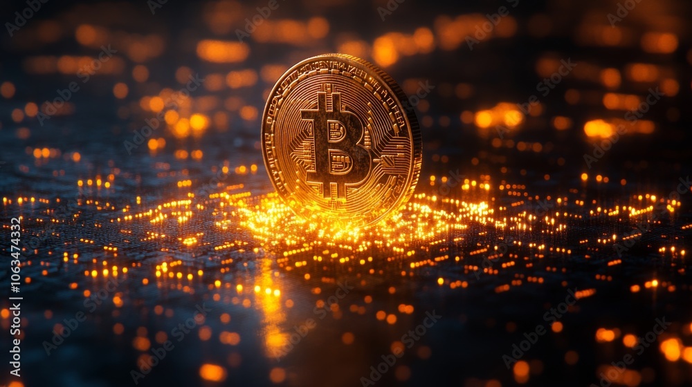 Aufkleber a bitcoin shines brightly atop a circuit board, surrounded by luminous digital particles, symbolizin