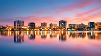 Breathtaking cityscape at dusk with a modern skyline of towering skyscrapers and high rise buildings illuminated by glowing lights reflected perfectly on the calm