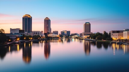 Naklejka premium Captivating cityscape with towering skyscrapers and their dazzling lights reflected in the calm tranquil waters creating a peaceful and mesmerizing urban scene at nightfall