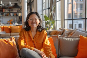 A smiling businesswoman in an orange blouse sits on a sofa in a brightly lit modern office with orange pillows and large windows in the background.